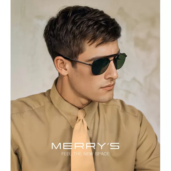 MERRYS Classic Square Aviator II Military Polarized Sunglasses for Men or Women S8637Matte Black FrameGreen Polarized Lens