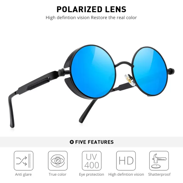 MERRYS Gothic Steampunk Sunglasses for Women Men Round Lens Metal Frame S567Black FrameBlue Mirror Lens