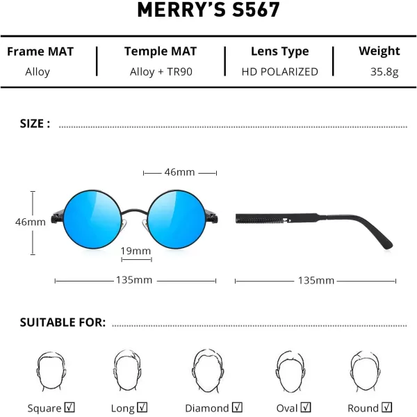 MERRYS Gothic Steampunk Sunglasses for Women Men Round Lens Metal Frame S567Black FrameBlue Mirror Lens