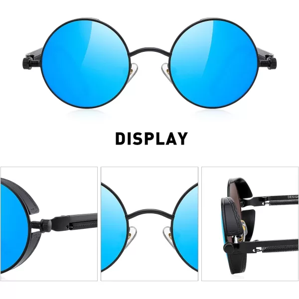 MERRYS Gothic Steampunk Sunglasses for Women Men Round Lens Metal Frame S567Black FrameBlue Mirror Lens