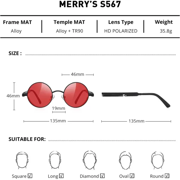 MERRYS Gothic Steampunk Sunglasses for Women Men Round Lens Metal Frame S567Blackred