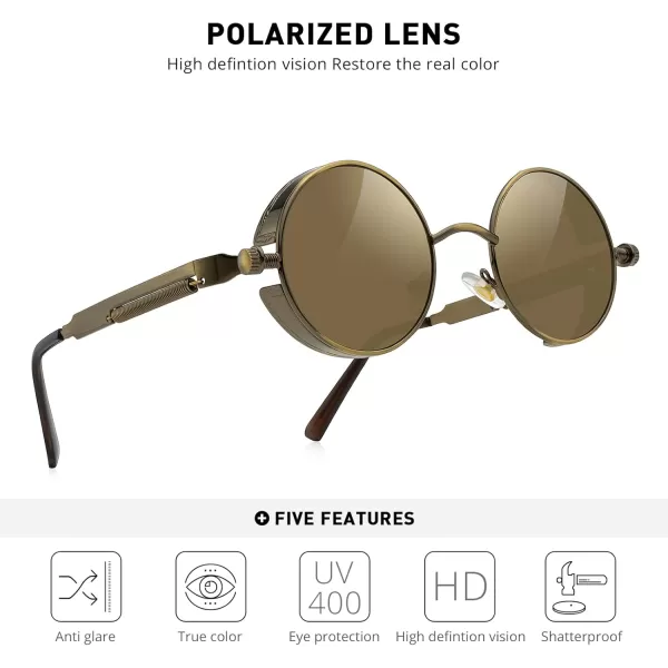 MERRYS Gothic Steampunk Sunglasses for Women Men Round Lens Metal Frame S567Brown FrameBrown Mirror Lens