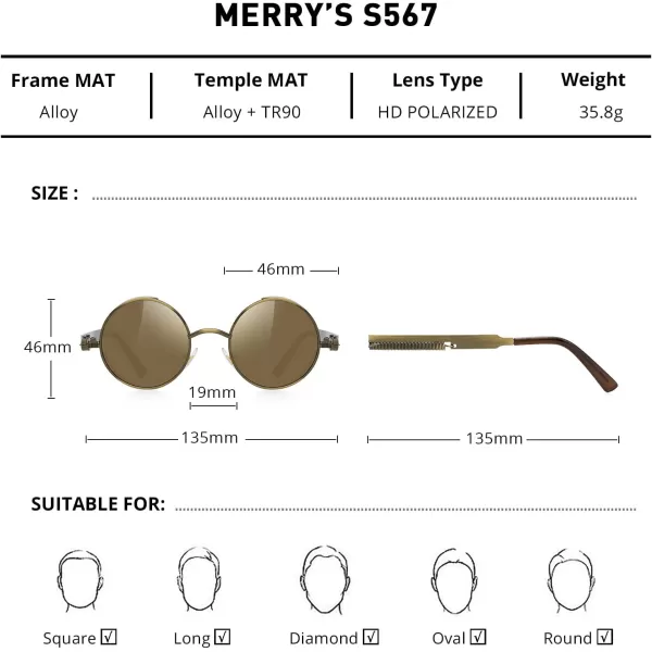 MERRYS Gothic Steampunk Sunglasses for Women Men Round Lens Metal Frame S567Brown FrameBrown Mirror Lens