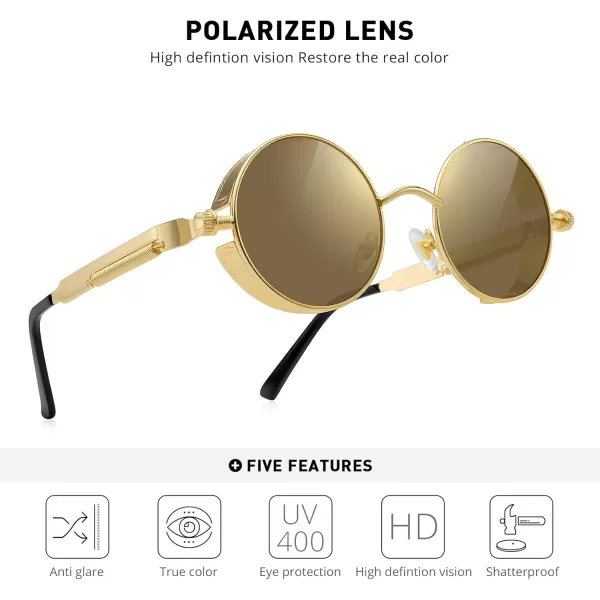 MERRYS Gothic Steampunk Sunglasses for Women Men Round Lens Metal Frame S567Gold FrameBrown Mirror Lens