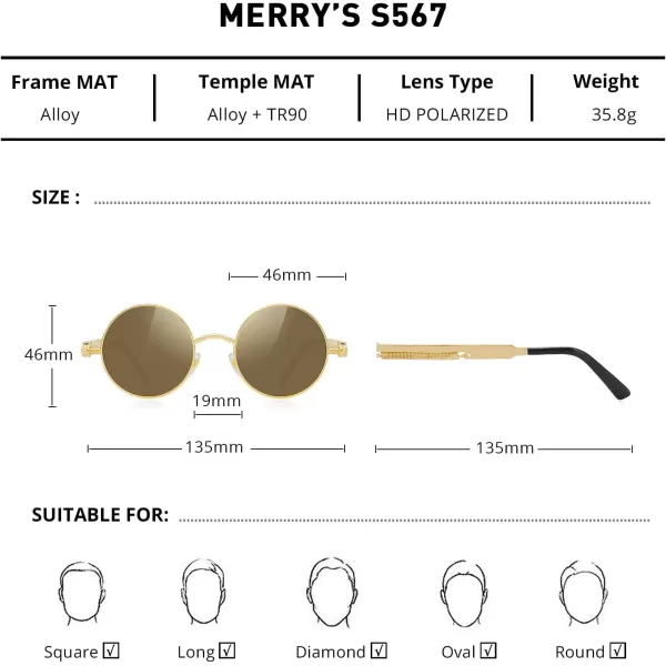 MERRYS Gothic Steampunk Sunglasses for Women Men Round Lens Metal Frame S567Gold FrameBrown Mirror Lens