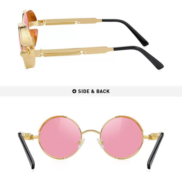 MERRYS Gothic Steampunk Sunglasses for Women Men Round Lens Metal Frame S567Gold FramePink Tinted Lens