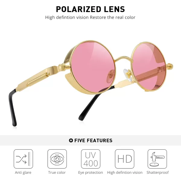 MERRYS Gothic Steampunk Sunglasses for Women Men Round Lens Metal Frame S567Gold FramePink Tinted Lens