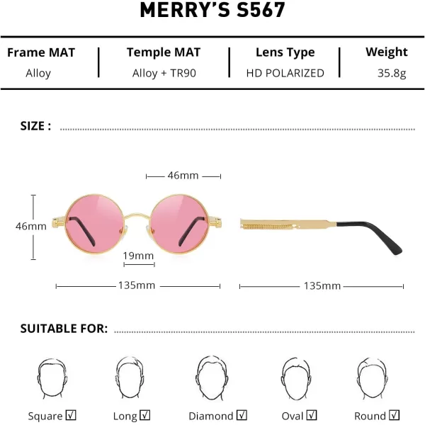MERRYS Gothic Steampunk Sunglasses for Women Men Round Lens Metal Frame S567Gold FramePink Tinted Lens