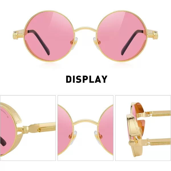 MERRYS Gothic Steampunk Sunglasses for Women Men Round Lens Metal Frame S567Gold FramePink Tinted Lens