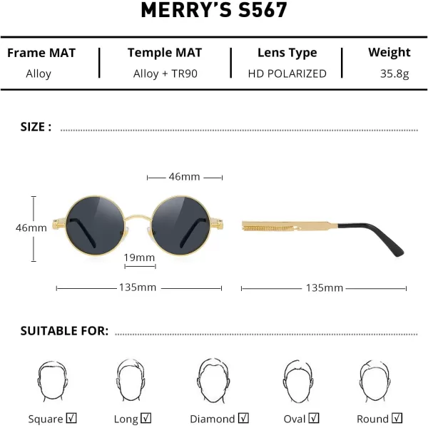 MERRYS Gothic Steampunk Sunglasses for Women Men Round Lens Metal Frame S567Goldblack