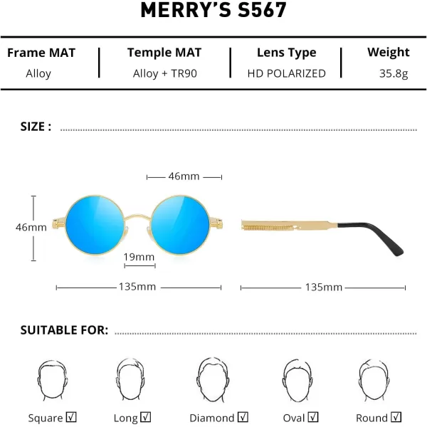 MERRYS Gothic Steampunk Sunglasses for Women Men Round Lens Metal Frame S567Goldblue