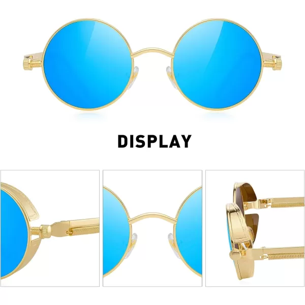 MERRYS Gothic Steampunk Sunglasses for Women Men Round Lens Metal Frame S567Goldblue