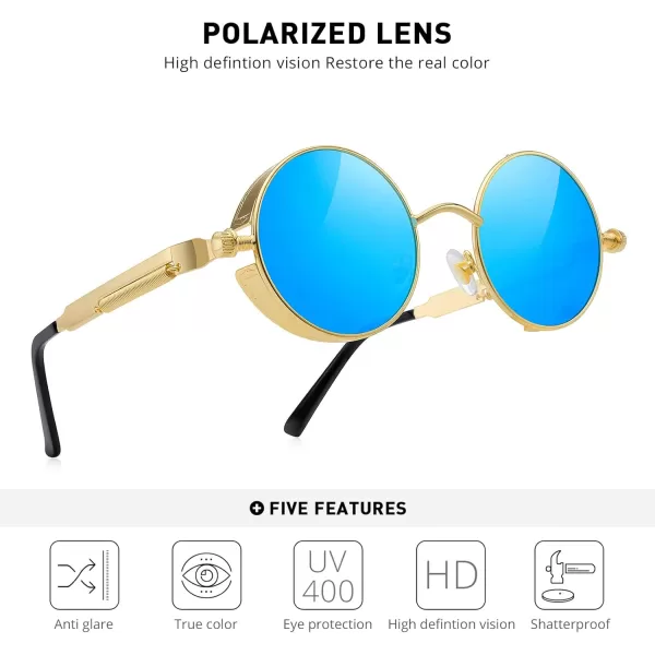 MERRYS Gothic Steampunk Sunglasses for Women Men Round Lens Metal Frame S567Goldblue