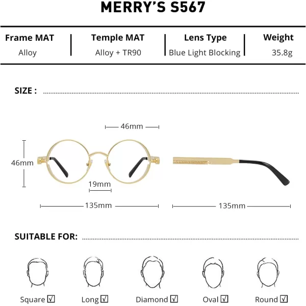MERRYS Gothic Steampunk Sunglasses for Women Men Round Lens Metal Frame S567Goldclear