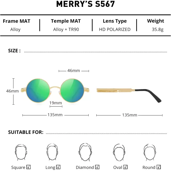 MERRYS Gothic Steampunk Sunglasses for Women Men Round Lens Metal Frame S567Goldgreen