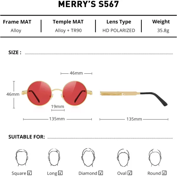 MERRYS Gothic Steampunk Sunglasses for Women Men Round Lens Metal Frame S567Goldred