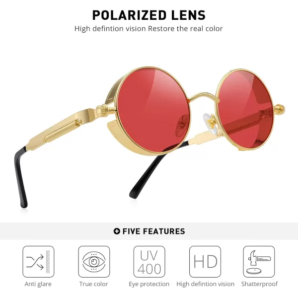 MERRYS Gothic Steampunk Sunglasses for Women Men Round Lens Metal Frame S567Goldred