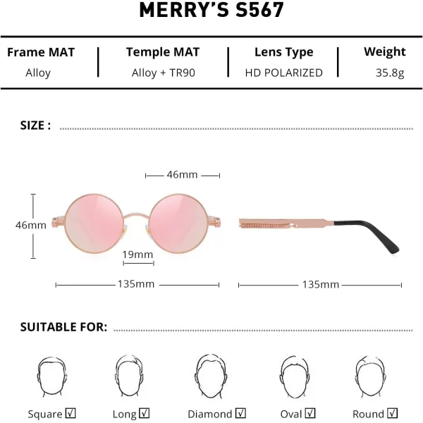MERRYS Gothic Steampunk Sunglasses for Women Men Round Lens Metal Frame S567Pink Mirror