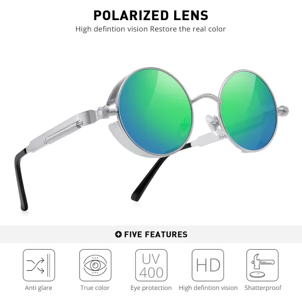 MERRYS Gothic Steampunk Sunglasses for Women Men Round Lens Metal Frame S567Silver FrameGreen Mirror Lens