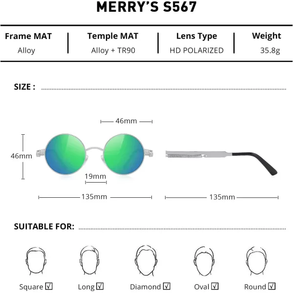 MERRYS Gothic Steampunk Sunglasses for Women Men Round Lens Metal Frame S567Silver FrameGreen Mirror Lens