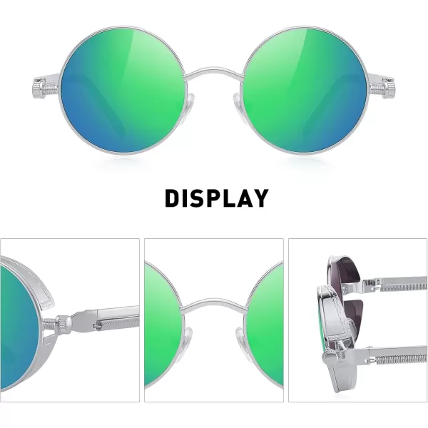 MERRYS Gothic Steampunk Sunglasses for Women Men Round Lens Metal Frame S567Silver FrameGreen Mirror Lens