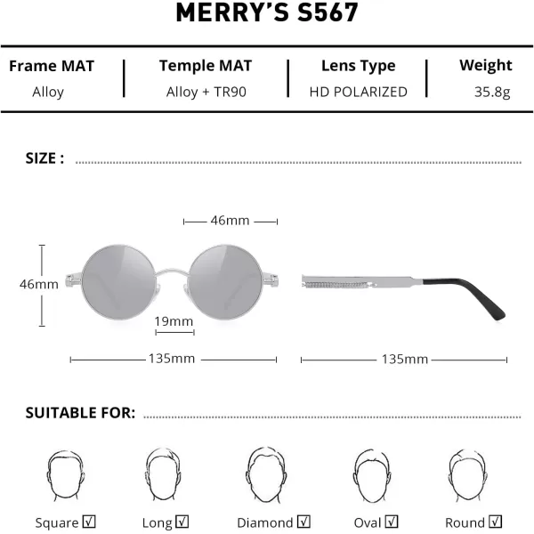 MERRYS Gothic Steampunk Sunglasses for Women Men Round Lens Metal Frame S567Silver Mirror