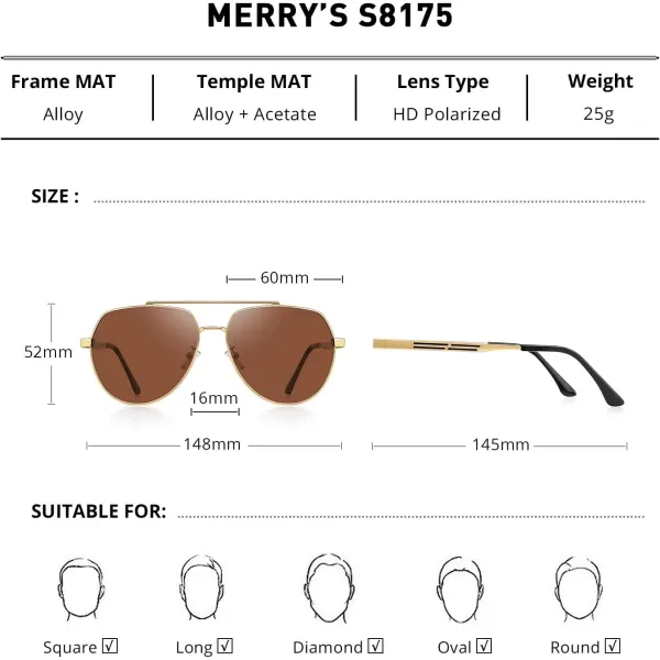 MERRYS Men Classic Pilot Sunglasses for Men Women  Polarized Driving Sun glasses Mirrored Lens UV 400 Protection 58 MMZgoldbrown