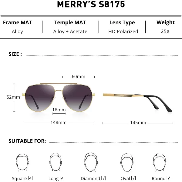 MERRYS Men Classic Pilot Sunglasses for Men Women  Polarized Driving Sun glasses Mirrored Lens UV 400 Protection 58 MMZgoldgray