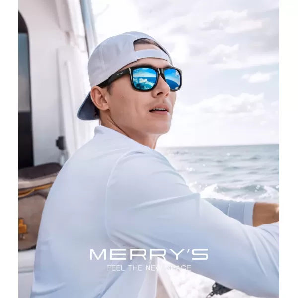 MERRYS Mens Rectangular Polarized Sunglasses UV400 Protection for Driving Fishing Hiking Golf Outdoor Sport Glasses S8165Black FrameBlue Mirror Lens