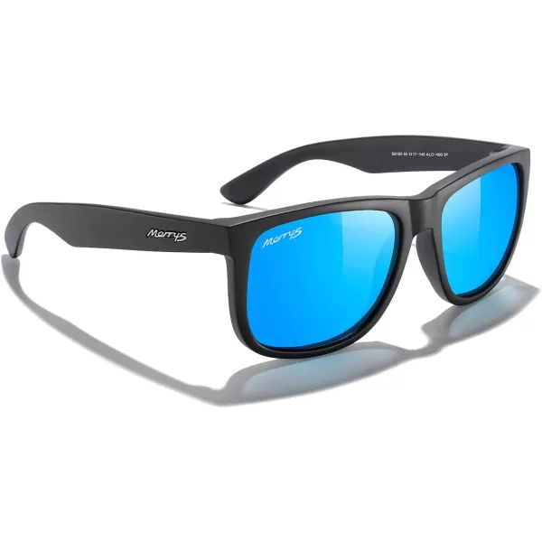 MERRYS Mens Rectangular Polarized Sunglasses UV400 Protection for Driving Fishing Hiking Golf Outdoor Sport Glasses S8165Matte Black FrameBlue Mirror Lens