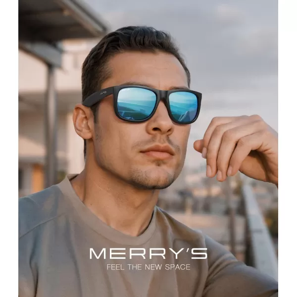 MERRYS Mens Rectangular Polarized Sunglasses UV400 Protection for Driving Fishing Hiking Golf Outdoor Sport Glasses S8165Matte Black FrameBlue Mirror Lens