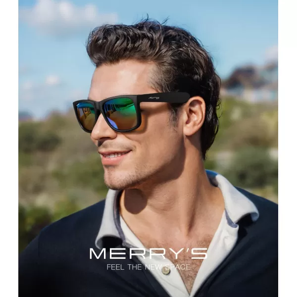 MERRYS Mens Rectangular Polarized Sunglasses UV400 Protection for Driving Fishing Hiking Golf Outdoor Sport Glasses S8165Matte Black FrameGreen Mirror Lens