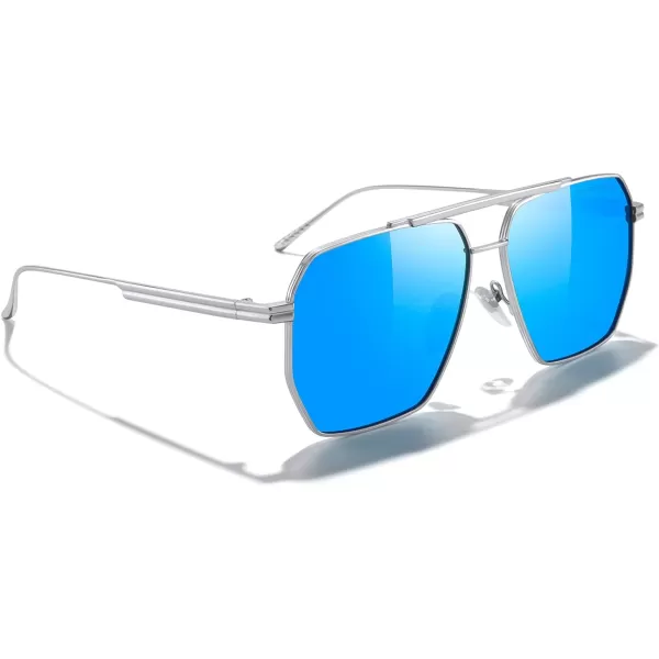 MERRYS Oversized Polarized Square Sunglasses for Women Men Vintage Retro Shades UV400 Classic Large Metal Sun GlassesSilver FrameBlue Mirror Lens