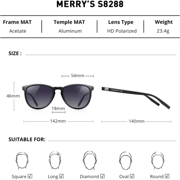 MERRYS Polarized Sunglasses for Women Men Vintage Retro Classic Round Frame Aluminum Legs S8288Black FrameBlack Gradient LensBlack Temples