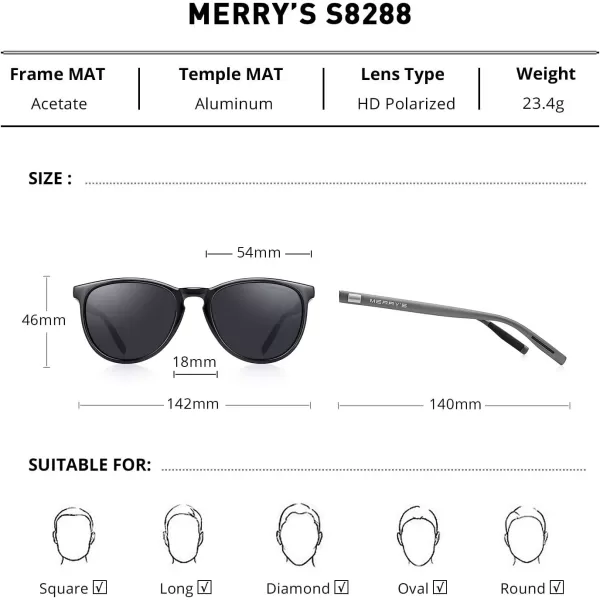 MERRYS Polarized Sunglasses for Women Men Vintage Retro Classic Round Frame Aluminum Legs S8288Black FrameBlack LensGrey Temples