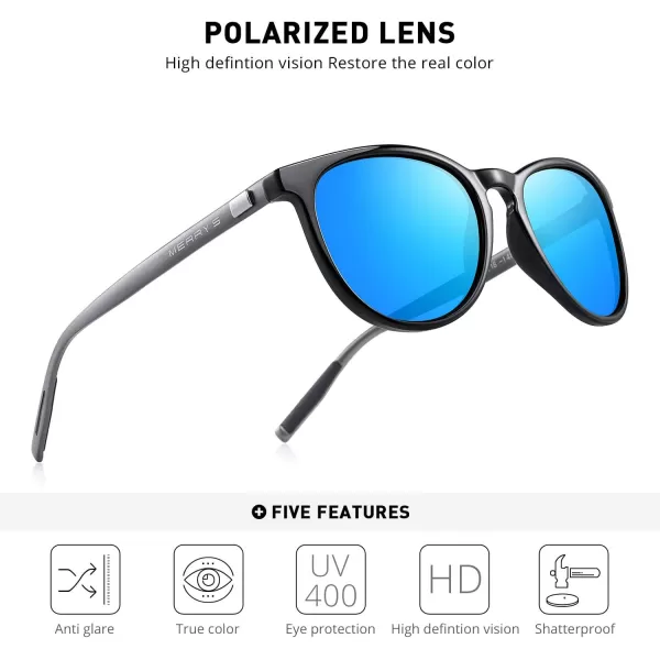 MERRYS Polarized Sunglasses for Women Men Vintage Retro Classic Round Frame Aluminum Legs S8288Black FrameBlue Mirror LensGrey Temples