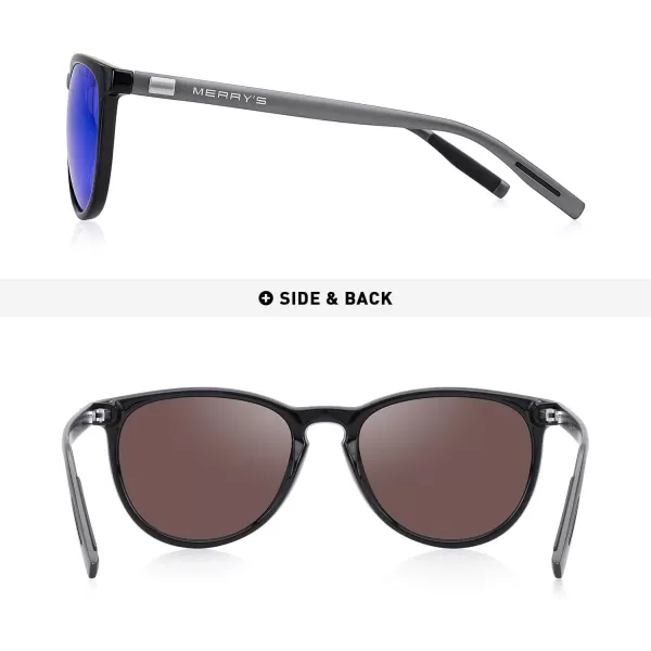 MERRYS Polarized Sunglasses for Women Men Vintage Retro Classic Round Frame Aluminum Legs S8288Black FrameBlue Mirror LensGrey Temples