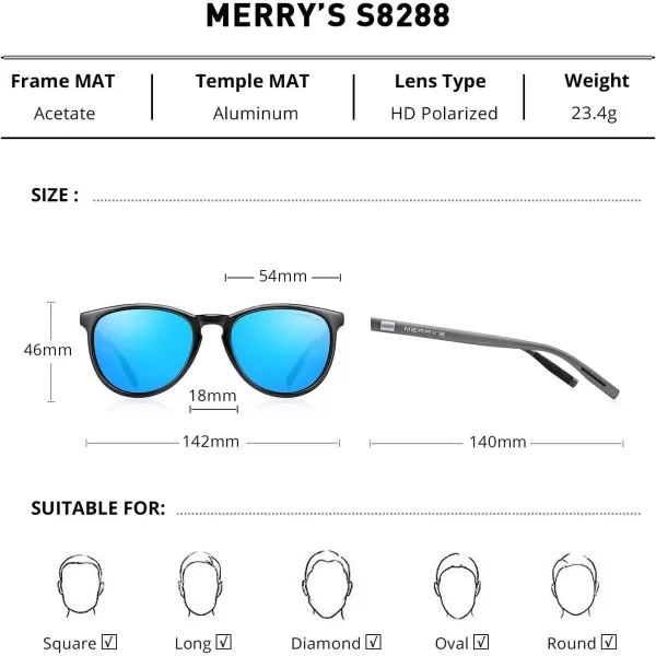 MERRYS Polarized Sunglasses for Women Men Vintage Retro Classic Round Frame Aluminum Legs S8288Black FrameBlue Mirror LensGrey Temples