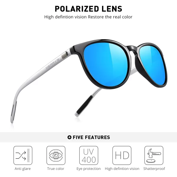 MERRYS Polarized Sunglasses for Women Men Vintage Retro Classic Round Frame Aluminum Legs S8288Black FrameBlue Mirror LensSilver Temples
