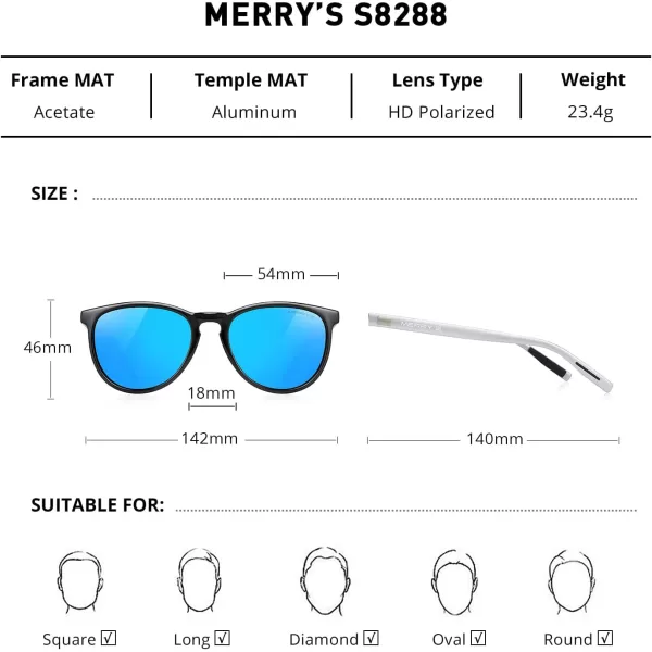 MERRYS Polarized Sunglasses for Women Men Vintage Retro Classic Round Frame Aluminum Legs S8288Black FrameBlue Mirror LensSilver Temples