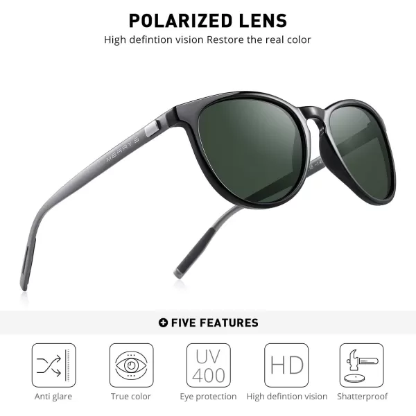 MERRYS Polarized Sunglasses for Women Men Vintage Retro Classic Round Frame Aluminum Legs S8288Black FrameG15 LensGrey Temples