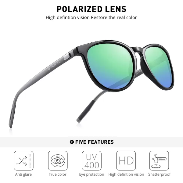 MERRYS Polarized Sunglasses for Women Men Vintage Retro Classic Round Frame Aluminum Legs S8288Black FrameGreen Mirror LensGrey Temples