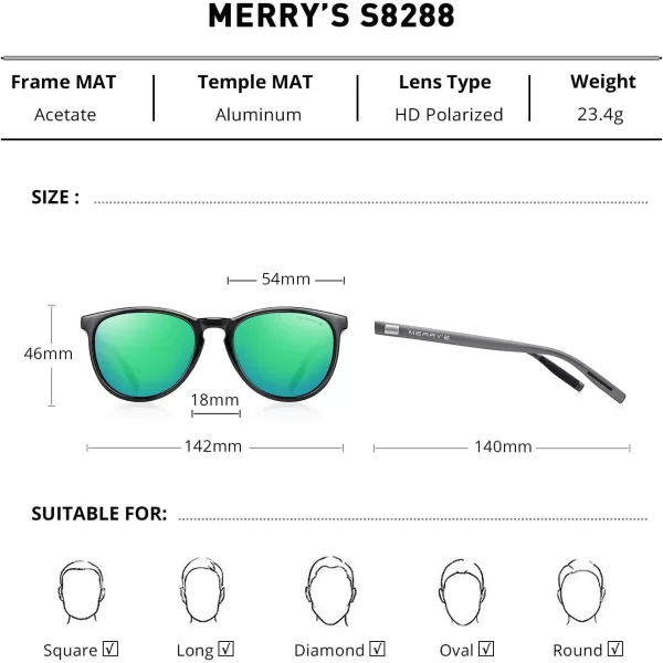 MERRYS Polarized Sunglasses for Women Men Vintage Retro Classic Round Frame Aluminum Legs S8288Black FrameGreen Mirror LensGrey Temples