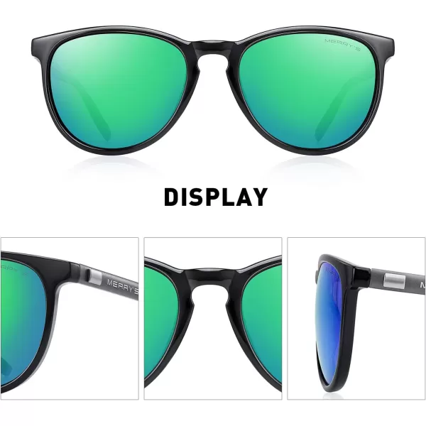 MERRYS Polarized Sunglasses for Women Men Vintage Retro Classic Round Frame Aluminum Legs S8288Black FrameGreen Mirror LensGrey Temples
