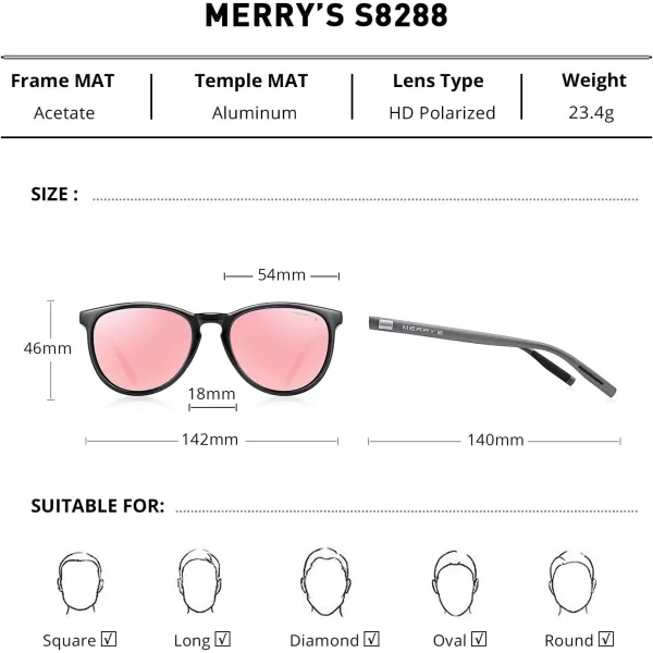 MERRYS Polarized Sunglasses for Women Men Vintage Retro Classic Round Frame Aluminum Legs S8288Black FramePink Mirror LensGrey Temples