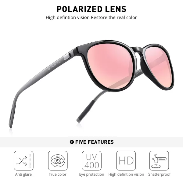 MERRYS Polarized Sunglasses for Women Men Vintage Retro Classic Round Frame Aluminum Legs S8288Black FramePink Mirror LensGrey Temples