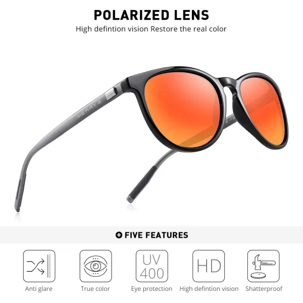 MERRYS Polarized Sunglasses for Women Men Vintage Retro Classic Round Frame Aluminum Legs S8288Black FrameRed Mirror LensGrey Temples
