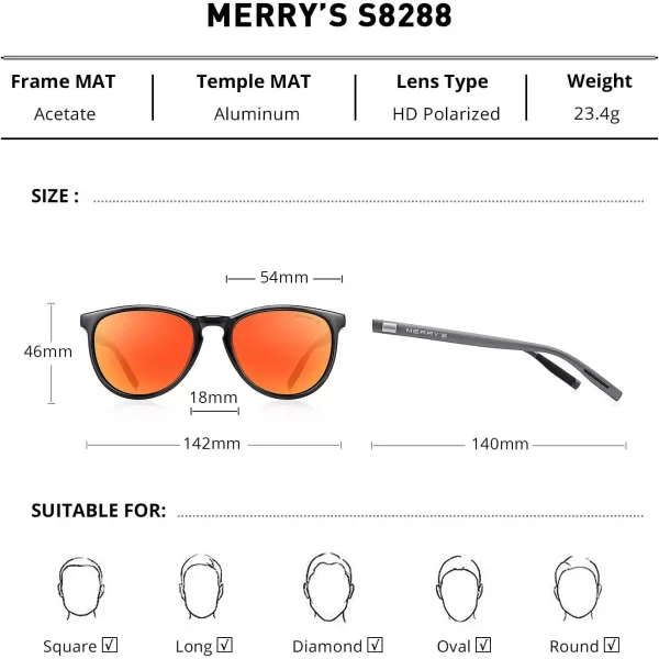 MERRYS Polarized Sunglasses for Women Men Vintage Retro Classic Round Frame Aluminum Legs S8288Black FrameRed Mirror LensGrey Temples