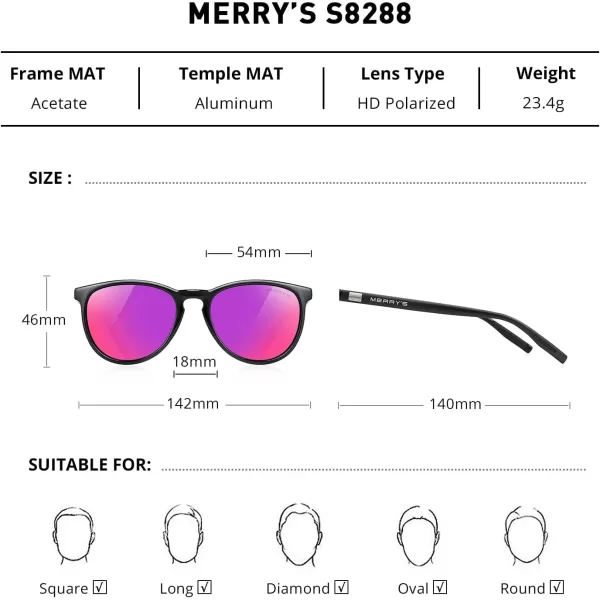 MERRYS Polarized Sunglasses for Women Men Vintage Retro Classic Round Frame Aluminum Legs S8288Black FrameRed Purple Mirror LensBlack Temples