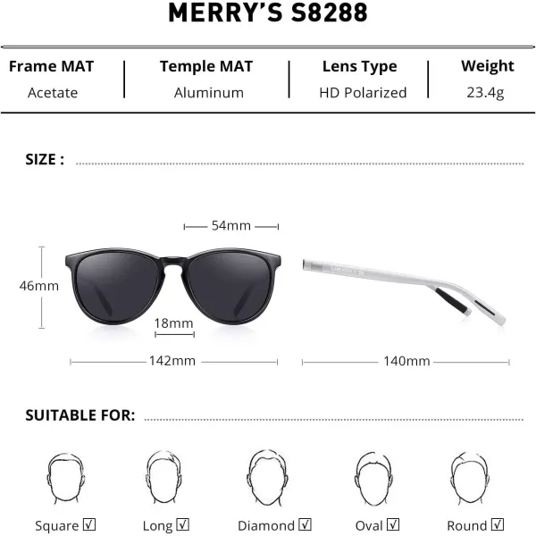 MERRYS Polarized Sunglasses for Women Men Vintage Retro Classic Round Frame Aluminum Legs S8288Blacksilver